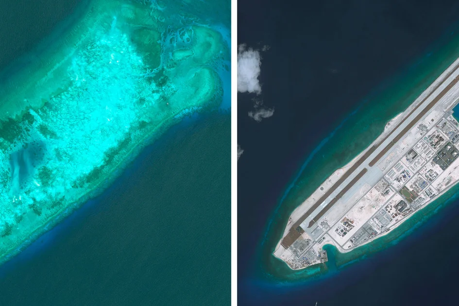 DigitalGlobe imagery, before construction began, of the the Fiery Cross Reef located in the South China Sea.  Photo DigitalGlobe via Getty Images.