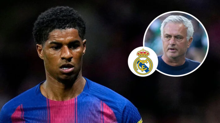 Barcelona winger Marcus Rashford, Real Madrid badge and Jose Mourinho - copyright F365