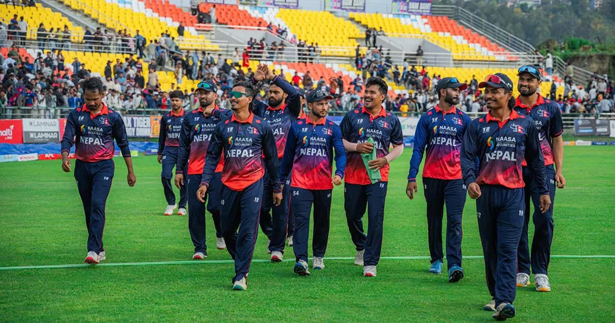 Nepal cricket players walk on the field during an ICC Cricket World Cup League 2 match