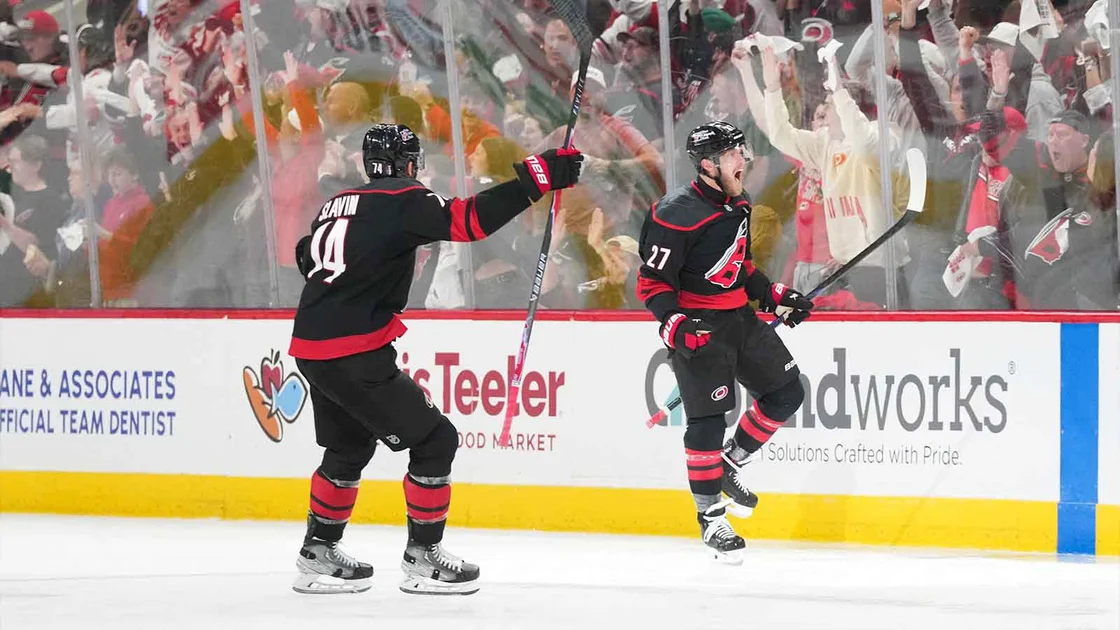 Carolina Hurricanes left wing Nikolaj Ehlers (27) celebrates after scoring an overtime goal against the Montréal Canadiens in game two of the Eastern Conferene Final of the 2026 Stanley Cup Playoffs at Lenovo Center.