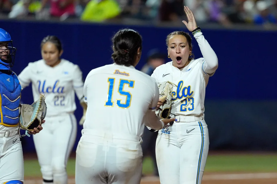 UCLA Bruins pitcher Taylor Tinsley (23) celebrates after a Women's College World Series softball game between the UCLA Bruins and the Arkansas Razorbacks at Devon Park in Oklahoma City, Friday, May 29, 2026.