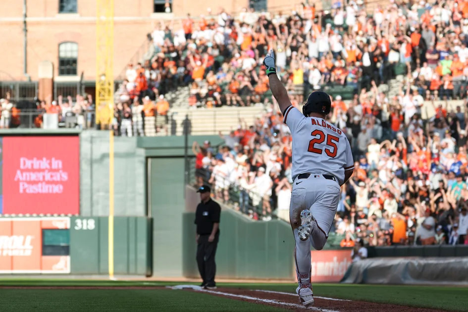 The Orioles' Pete Alonso celebrates after driving in the game-winning run with a single off of Blue Jays pitcher Connor Seabold in the ninth inning Saturday. (AP Photo/Terrance Williams)