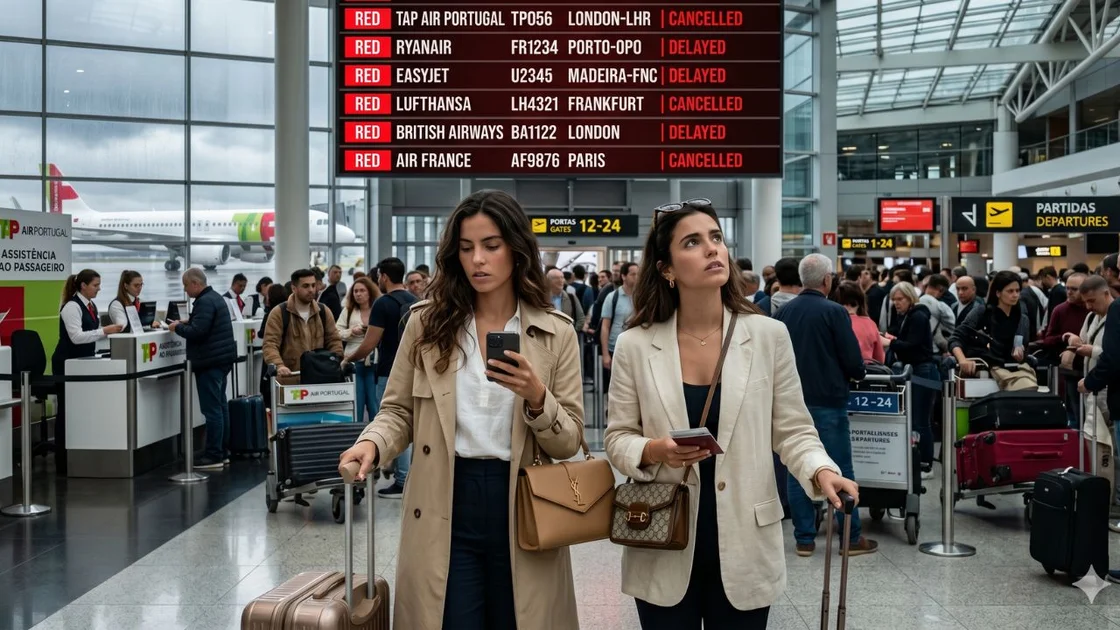 A highly chaotic scene at Lisbon's General Humberto Delgado Airport showing thousands of stranded travelers staring at departure monitors filled with severe flight cancellations due to a massive general strike