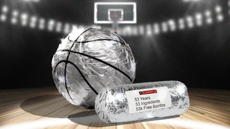 Chipotle Free Burrito Campaign promotional image showing a burrito and a basketball wrapped in foil