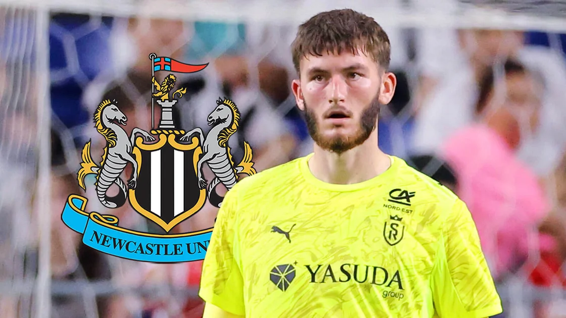 Newcastle United badge and Reims goalkeeper Ewen Jaouen - copyright TEAMtalk