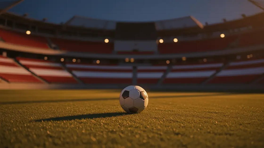Empty stadium corner view with match ball, red-white accent lighting, evening floodlights, dramatic shadows.
