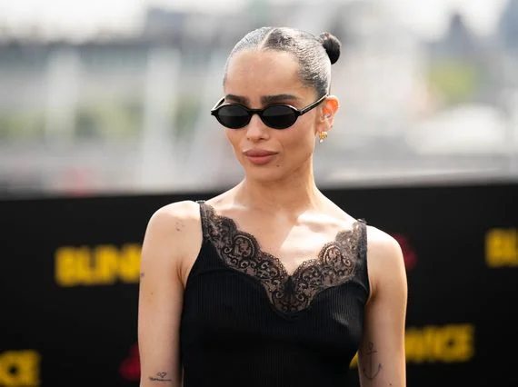 Zoë Kravitz wore space buns with Saint Laurent skirt and top at Blink Twice photo call.