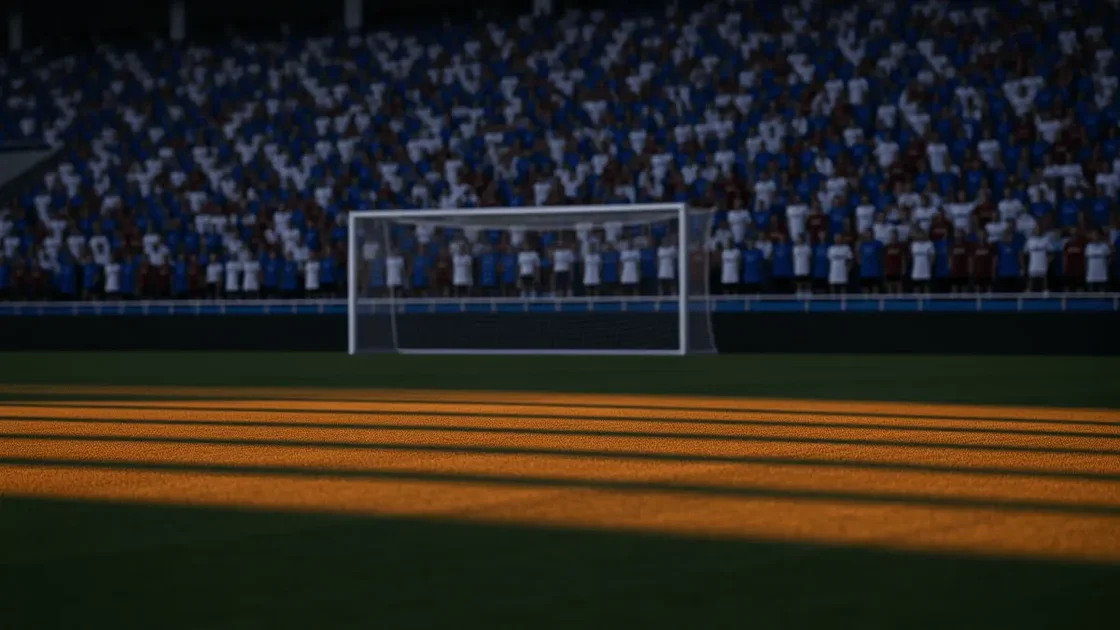 Empty floodlit stadium pitch at dusk with packed stands showing Bosnia & Herzegovina and Qatar supporter colours under dramatic lighting.