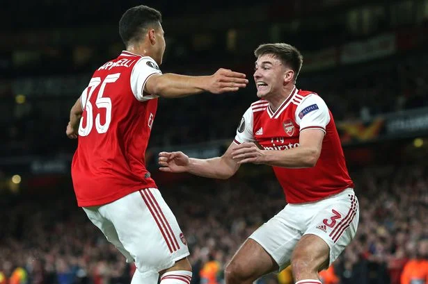 Gabriel Martinelli celebrates his goal for Arsenal in the Europa League with Kieran Tierney. (Photo by Charlotte Wilson/Offside/Offside via Getty Images,)
