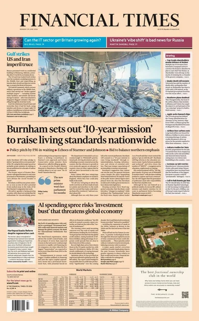 "Burnham sets out '10-year mission' to raise living stands nationwide" reads the headline on the front page of the Financial Times.