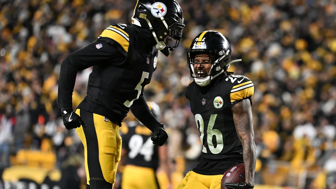 Jan 12, 2026; Pittsburgh, PA, USA; Pittsburgh Steelers cornerback Brandin Echols (26) and cornerback Jalen Ramsey (5) celebrate after a play during the second half of an AFC Wild Card Round game against the Houston Texans at Acrisure Stadium. Mandatory Credit: Barry Reeger-Imagn Images