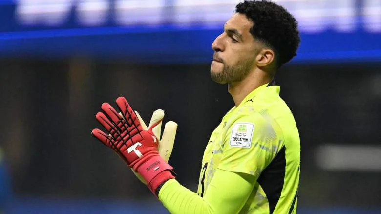 Egypt's goalkeeper #23 Mostafa Shoubir reacts during the 2026 World Cup round of 16 football match between Argentina and Egypt at Atlanta Stadium in Atlanta on July 7, 2026.