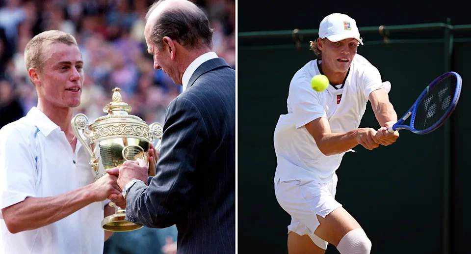 Pictured right is Cruz Hewitt at Wimbledon and on the left is his father Lleyton lifting the men's singles trophy in 2002.