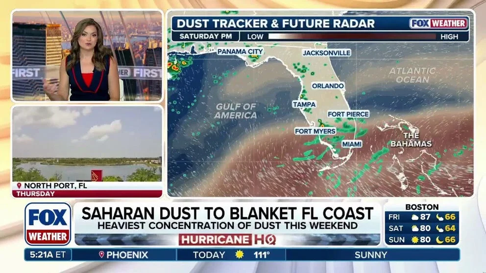 A plume of Saharan dust is spreading hazy skies across Florida and the Gulf Coast through the weekend. Combined with a heat dome, it will push feels-like temperatures toward 110 degrees. The massive plume is also contributing to the ongoing pause in the Atlantic hurricane season.