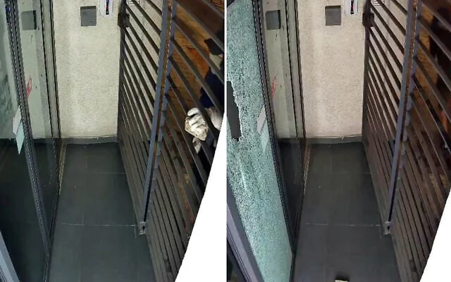 Screen captures from video of a vandalism attack on the offices of the Haaretz newspaper in Tel Aviv, July 8 2026. (Haaretz)