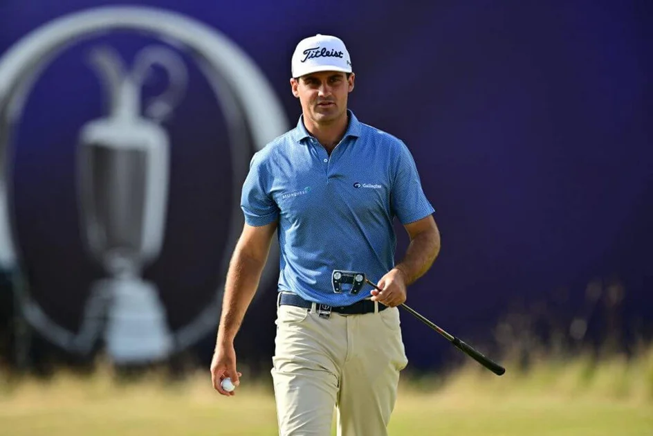 Jackson Suber walks up the 18th fairway during the first round at The Open Championship.