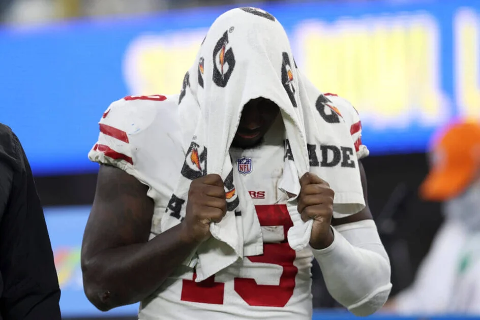 San Francisco 49ers&#039; Deebo Samuel walks off the field after the NFC Championship NFL football game against the Los Angeles Rams Sunday, Jan. 30, 2022, in Inglewood, Calif. The Rams won 20-17 to advance to the Super Bowl. (AP Photo/Jed Jacobsohn)