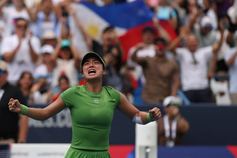 Alexandra Eala (PHI) celebrates after her match against Jessica Pegula (USA) (not pictured) in the women's singles final of the 2026 Mubadala DC Open at Rock Creek Park Tennis Center.