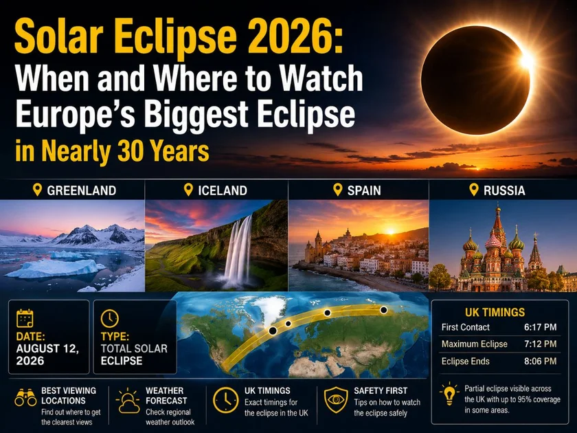 August 12 Solar Eclipse 2026, Solar Eclipse UK timings, Europe Solar Eclipse 2026, Path of Totality 2026, Total Solar Eclipse Europe