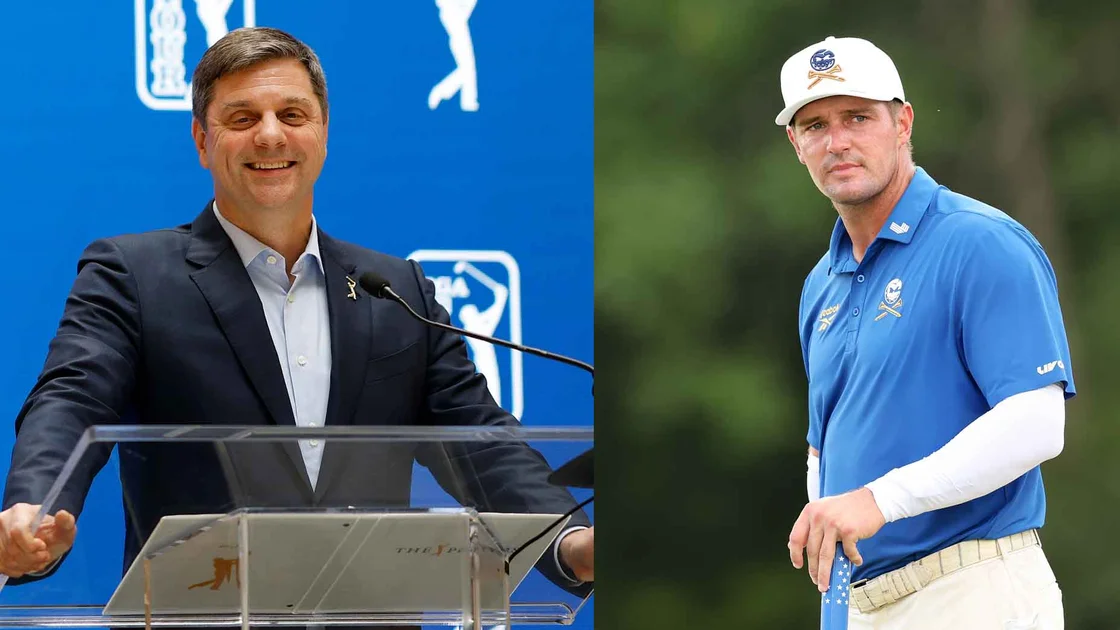 PGA Tour CEO Brian Rolapp speaks while Bryson DeChambeau plays at LIV Golf New York