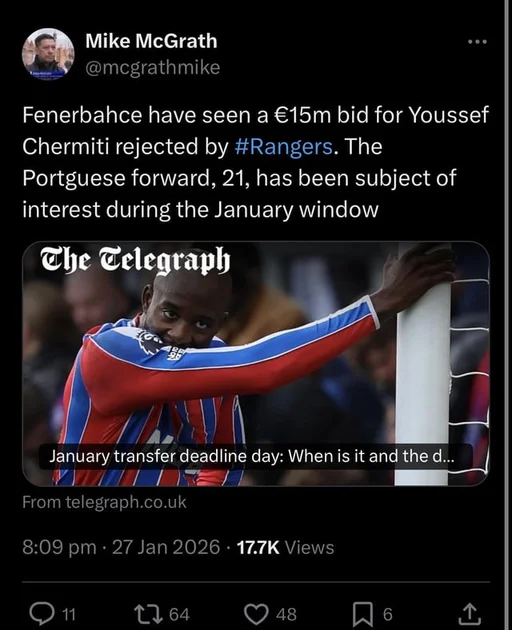 r/ScottishFootball - [Mike McGrath] Fenerbahce have seen a €15m bid for Youssef Chermiti rejected by #Rangers. The Portguese forward, 21, has been subject of interest during the January window