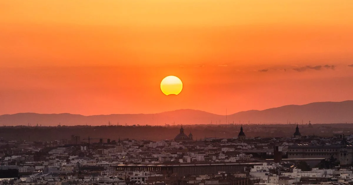 Partial solar eclipse over Madrid, Spain, the country that's arguably the best place to see the August 2026 eclipse. Credit: Cavan Images / Getty Images