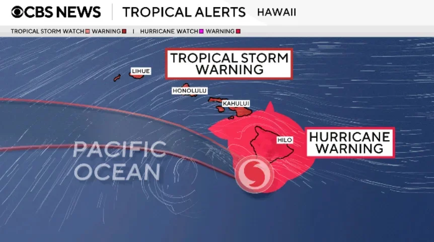 Hawaii is under both hurricane and tropical storm warnings as Hurricane Lala passes south of its islands. Aug. 15, 2026.  / Credit: Nikki Nolan/CBS News