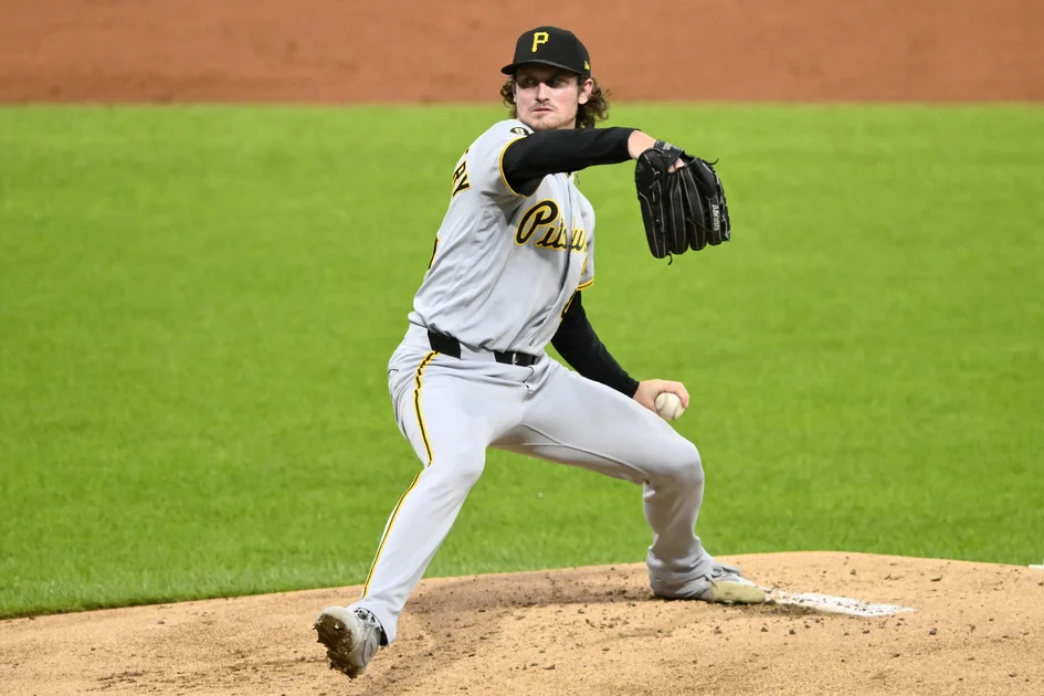 Pittsburgh Pirates reliever Mason Montgomery pitching vs the Cleveland Guardians.