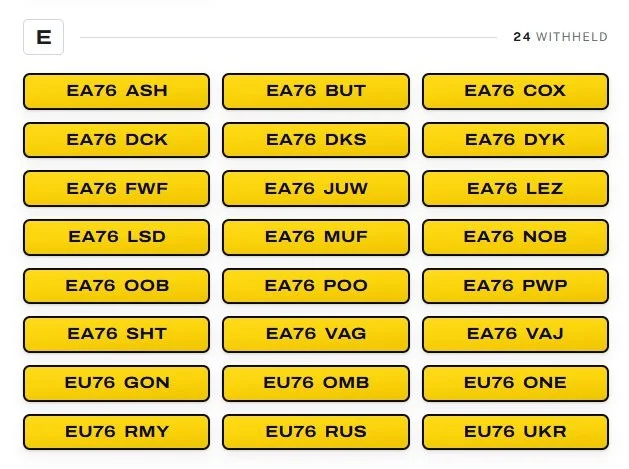 The DVLA has banned more than 500 new '76' number plates before they even reach Britain's roads amid concerns they could cause offence or make controversial statements. https://www.thisismoney.co.uk/money/cars/article-16085159/Banned-76-car-number-plates-500-outlawed-rude-offensive-road-including-SH76-TTY-GO76-WAR.html