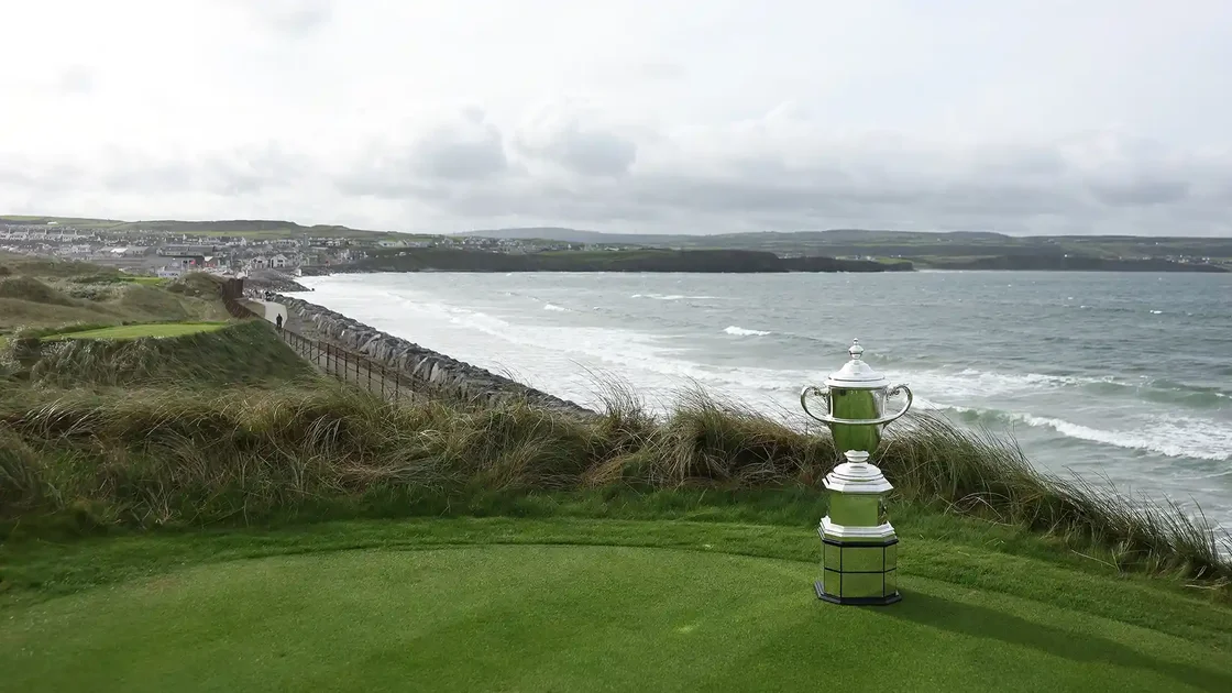 2026 Walker Cup trophy sits on tee at Lahinch.