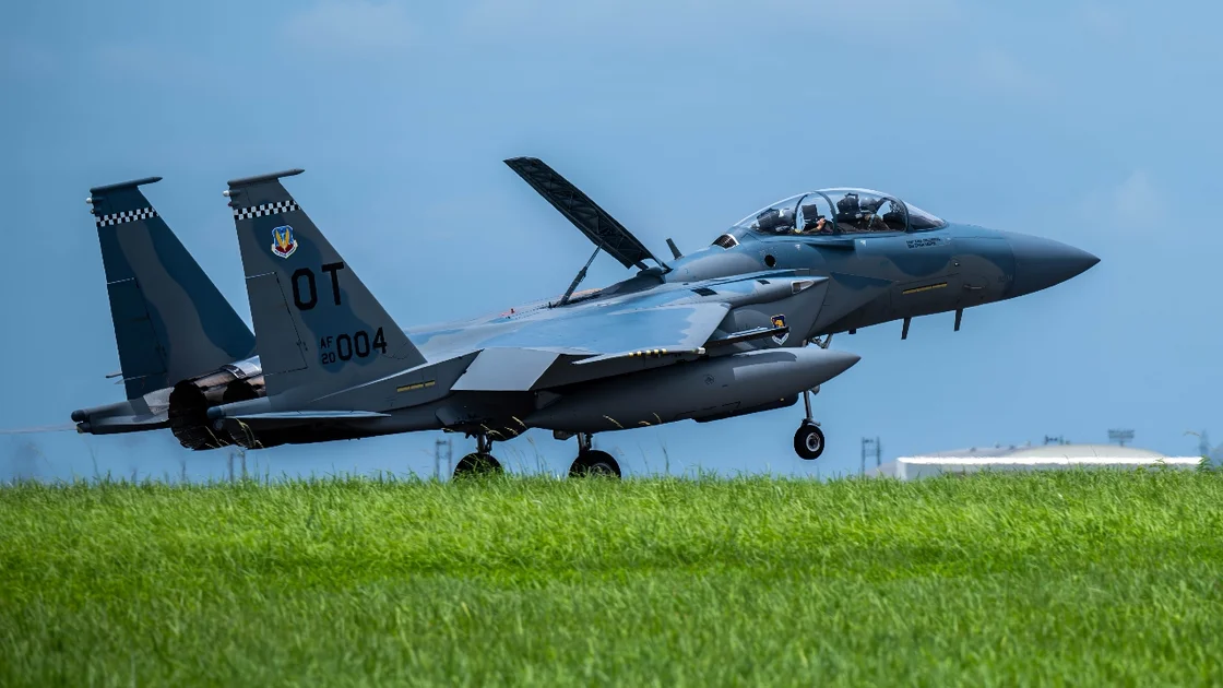 A U.S. Air Force F-15EX Eagle II, assigned to 85th Test and Evaluation Squadron, Eglin Air Force Base, Florida, lands at Kadena Air Base, Japan, July 16, 2025. During the transition to the F-15EX, the U.S. Air Force will sustain a steady-state presence at Kadena through a combination of 4th and 5th generation aircraft. (U.S. Air Force photo by Airman Nathaniel Jackson)