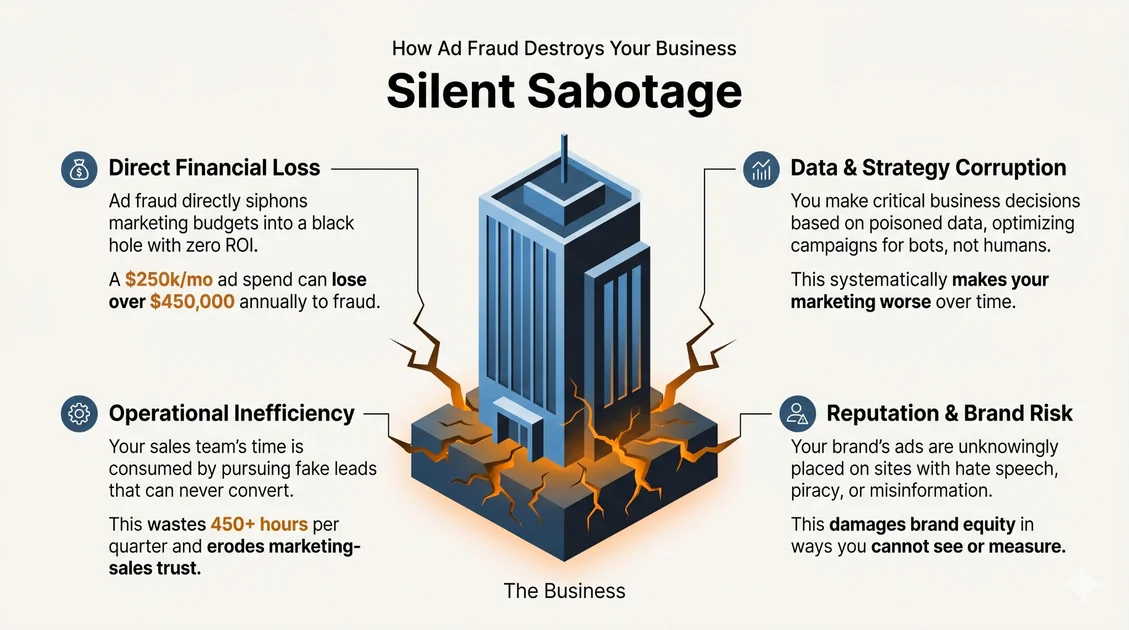how ad fraud destroys your business: direct financial loss, data and strategy corruption, operational inefficiency, reputation and brand risk