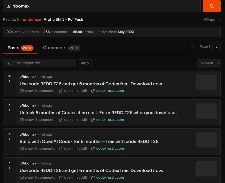 Archived activity from the compromised HBO Max Reddit account