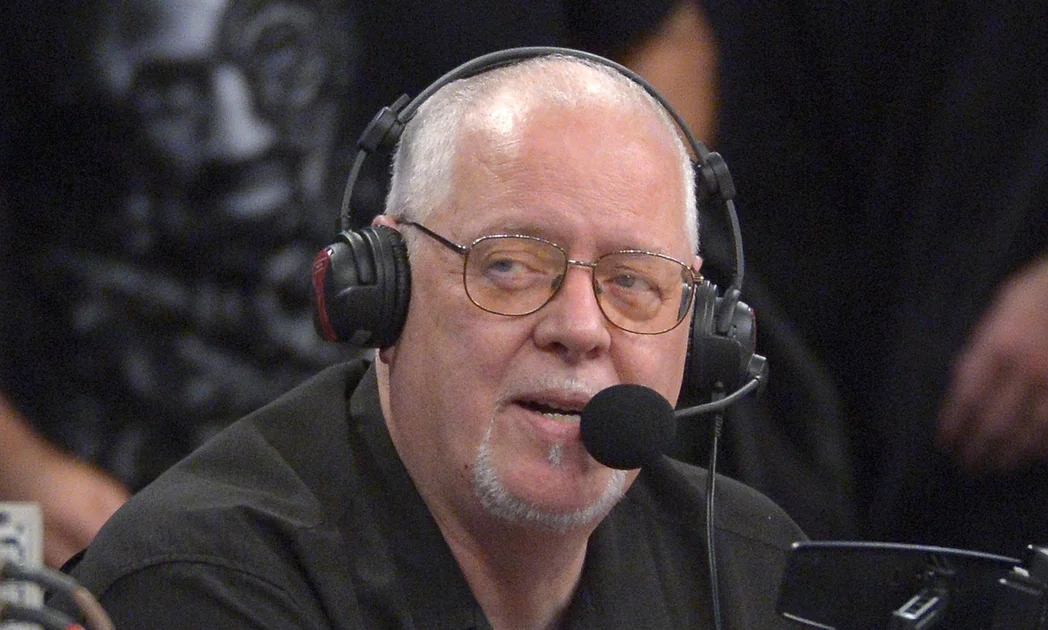 Longtime Lakers public address announcer Lawrence Tanter, seen during a Nov. 30, 2012 game against the Denver Nuggets, is retiring from his game day role after 43 years and will now be the team’s Special Advisor for Game Presentation. (AP Photo/Mark J. Terrill)