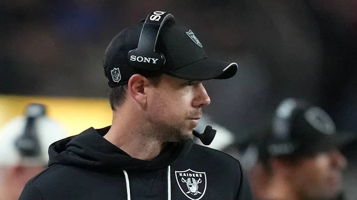 Aug 27, 2026; Paradise, Nevada, USA;  Las Vegas Raiders head coach Klint Kubiak  watches game play against the San Francisco 49ers during the third quarter at Allegiant Stadium.  Mandatory Credit: Kirby Lee-Imagn Images