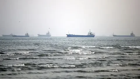 File photo showing merchant vessels belonging to Iran and other countries at anchor in the Strait of Hormuz, off Bandar Abbas, Iran (10 September 2026)