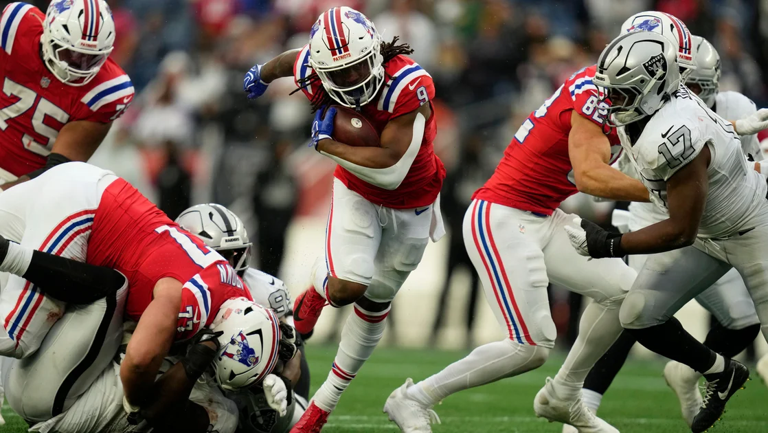New England Patriots running back Corey Kiner runs against the Las Vegas Raiders during an NFL game in Foxboro, Sunday, Oct. 11, 2026. (AP Photo/Charles Krupa)