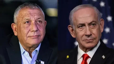 Reuters / Getty Images Two men wearing suits look ahead. It is Gadi Eisenkot and Benjamin Netanyahu in a composite image.