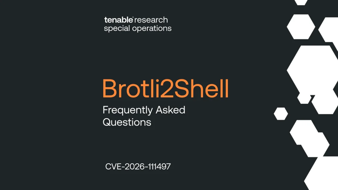 Tenable Research Special Operations blog header for the Brotli2Shell FAQ covering CVE-2026-111497, featuring white hexagon shapes on a dark background.